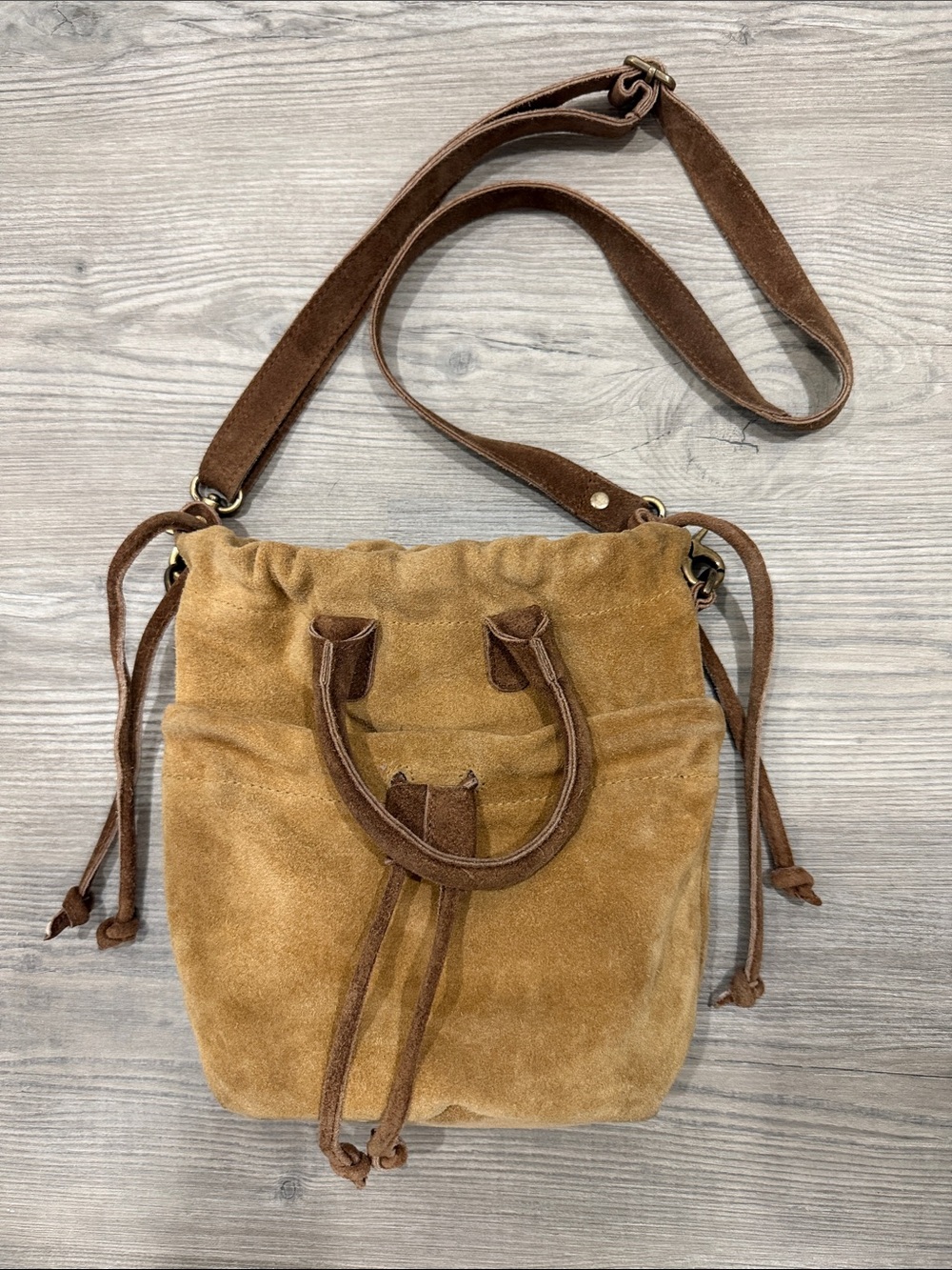 Free People Scout slouchy tan brown suede drawstring mini crossbody bag